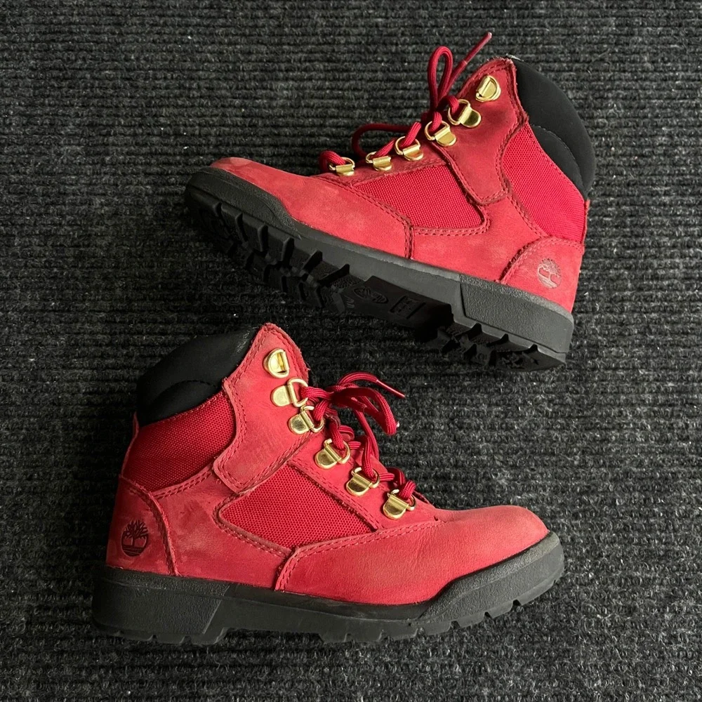 Timberland Field Boots Boys 1 Red Nubuck Mesh Mid Top Hiking A2JKR Gold Hardware